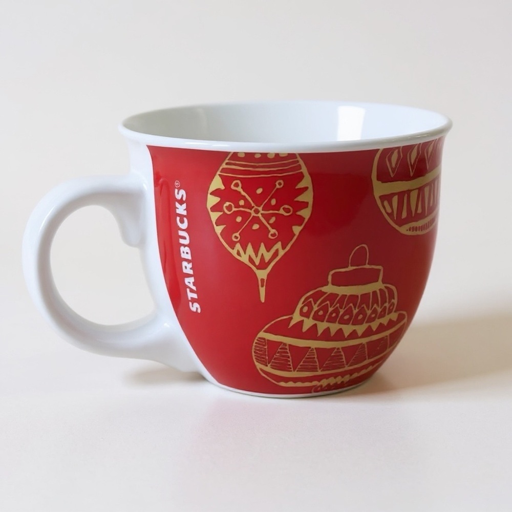 Starbucks 2015 Holiday Mug Red White Gold Christmas Ornaments 14 oz Coffee Cup